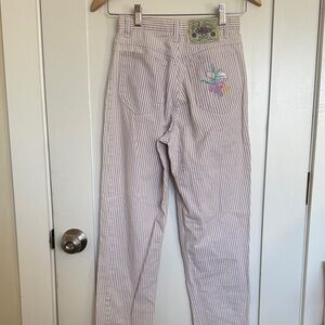 Vintage Rifle Striped Pants with Floral Embroidery